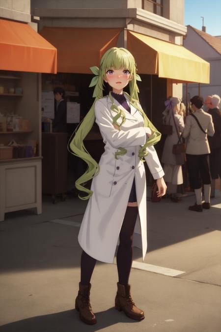 masterpiece, best quality, absurdres, 1girl, Keine <lora:Kanzaki_Keine:0.7>, very long hair, green hair, (purple eyes, low twintails:1.2), green ribbon, hair ribbon, twintails, blunt bangs, x hair ornament, white jacket, white coatBREAK light smile,  nice hands, perfect hands, <lora:GoodHands-beta2:0.8>, beaufitul hand, beautiful finger, Outdoor movie screenings, (perfect anatomy),  [Cinematic lighting|Volumetric Lighting], portrait, full body