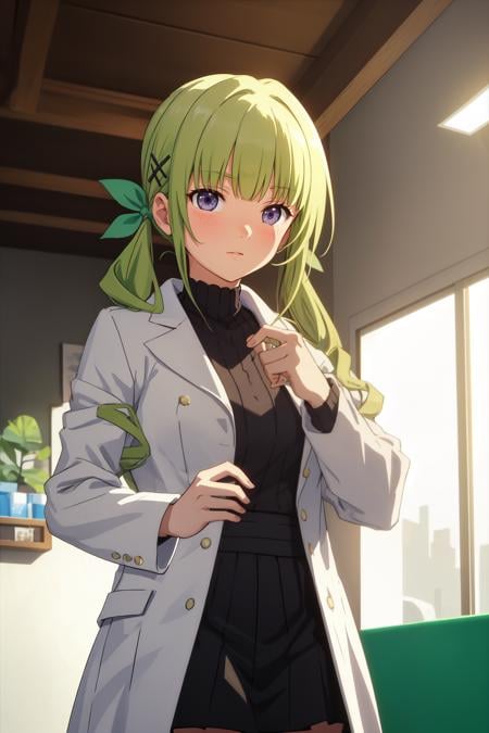 masterpiece, best quality, absurdres, 1girl, Keine <lora:Kanzaki_Keine:0.7>, very long hair, green hair, purple eyes, green ribbon, hair ribbon, twintails, (low twintails:1.2), blunt bangs, x hair ornament, white jacket, white coatBREAK light smile,  nice hands, perfect hands, <lora:GoodHands-beta2:0.8>, beaufitul hand, beautiful finger, Indoor mini-golf courses, (perfect anatomy),  [Cinematic lighting|Volumetric Lighting], portrait, cowboy shot