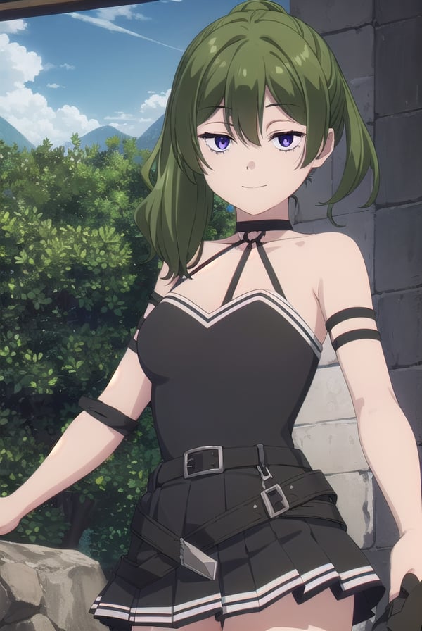 ubel, <lora:mage ubel s1-lora-nochekaiser:1>, ubel, medium hair, hair between eyes, green hair, side ponytail, (purple eyes:1.1), smile,BREAK skirt, gloves, dress, bare shoulders, pleated skirt, sleeveless, black gloves, elbow gloves, belt, miniskirt, black skirt, black footwear, (black dress:1.5), thigh strap, sleeveless dress, halterneck, armband, single glove, black belt, pleated dress, arm strap,BREAK outdoors, forest, nature, sun, sky, clouds, grass, trees, river, rocks,BREAK looking at viewer, (cowboy shot:1.5),BREAK <lyco:GoodHands-beta2:1>, (masterpiece:1.2), best quality, high resolution, unity 8k wallpaper, (illustration:0.8), (beautiful detailed eyes:1.6), extremely detailed face, perfect lighting, extremely detailed CG, (perfect hands, perfect anatomy),