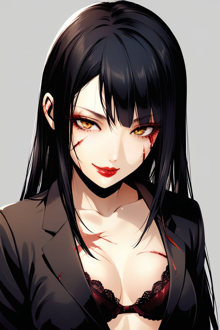 1girl, solo, long hair, flat, smile, black hair, holding, cleavage, underwear, jacket, yellow eyes, upper body, grey background, bra, mole, black jacket, blood, makeup, scar, lipstick, black bra,injuries,wounds,blood_on_face, red lips