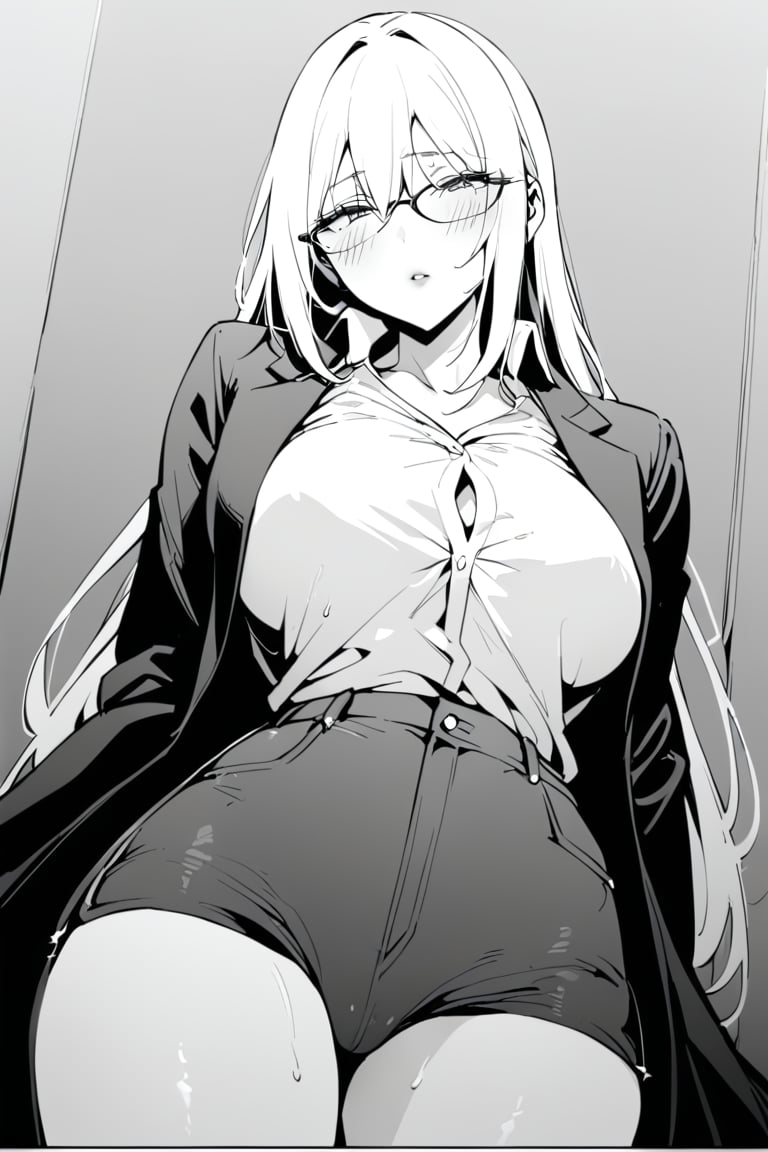 1girl, solo, long hair, bangs, hair between eyes, monochrome, greyscale, parted lips, glasses, lips, fingernails, eyelashes, half-closed eyes,white_shirt,pants,black_coat,(masterpiece, best quality:1.2),cowboy_shot,full_body,thighs