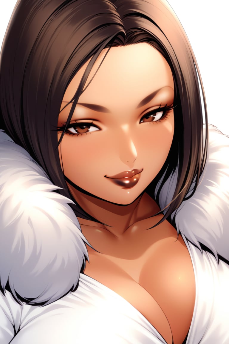 1girl,muscular_body,thick_lips,plump_lips,muscular_female,solo_female,(masterpiece, best quality:1.2),looking at viewer, black_lipstick,white_dress,fur_coat,brown_skin,brown_skin,black_hair,white_background,black_lipstick,bad_prompt_version2,smirk,forehead,hair_intakes,solo,cowboy_shot,solo,plump_lips,akira