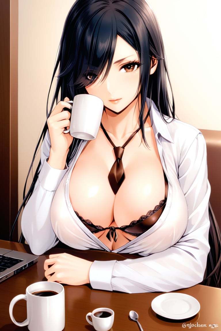 1girl, solo, long hair, breasts, looking at viewer, large breasts, shirt, black hair, holding, cleavage, brown eyes, jewelry, underwear, white shirt, upper body, open clothes, necktie, twitter username, bra, hair over one eye, cup, open shirt, ring, black bra, messy hair, holding cup, mug, coffee mug