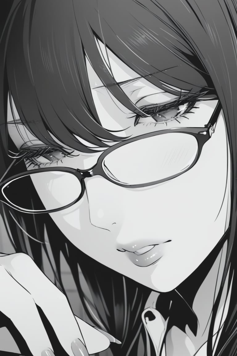 1girl, solo, long hair, bangs, hair between eyes, monochrome, greyscale, parted lips, glasses, lips, fingernails, eyelashes, half-closed eyes, close-up, asui tsuyu,(masterpiece, best quality:1.2)