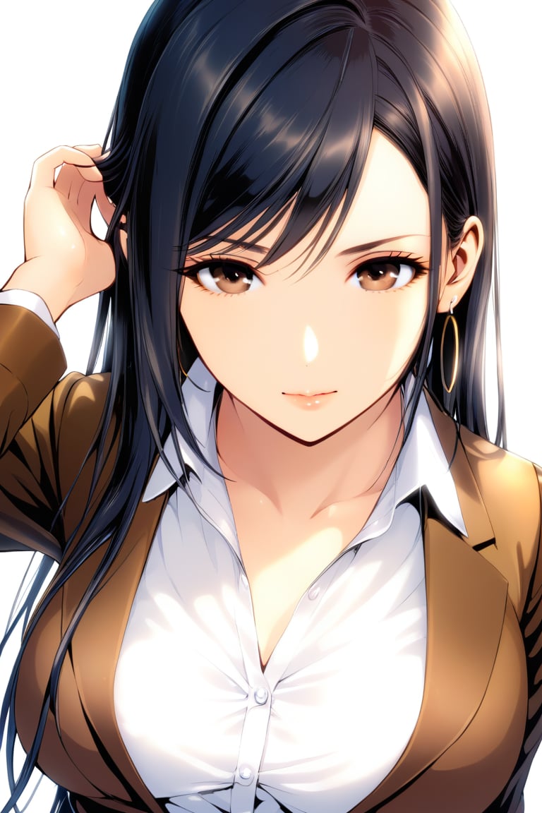 1girl, solo, long hair, breasts, looking at viewer, shirt, black hair, brown eyes, jewelry, white shirt, upper body, earrings, necktie, collared shirt, vest, formal, black necktie, hand in own hair, hoop earrings, adjusting hair