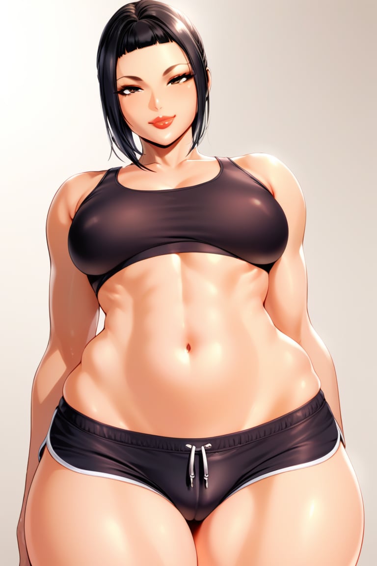 1girl, tank_top,abs,dolphin_shorts,thick_lips,plump_lips,toned_body,slender_waist,toned_abs,solo_female,(masterpiece, best quality:1.2),looking at viewer, black_lipstick,brown_skin,brown_skin,black_hair,white_background,black_lipstick,bad_prompt_version2,smirk,hair_intakes,solo,cowboy_shot,solo,plump_lips,akira