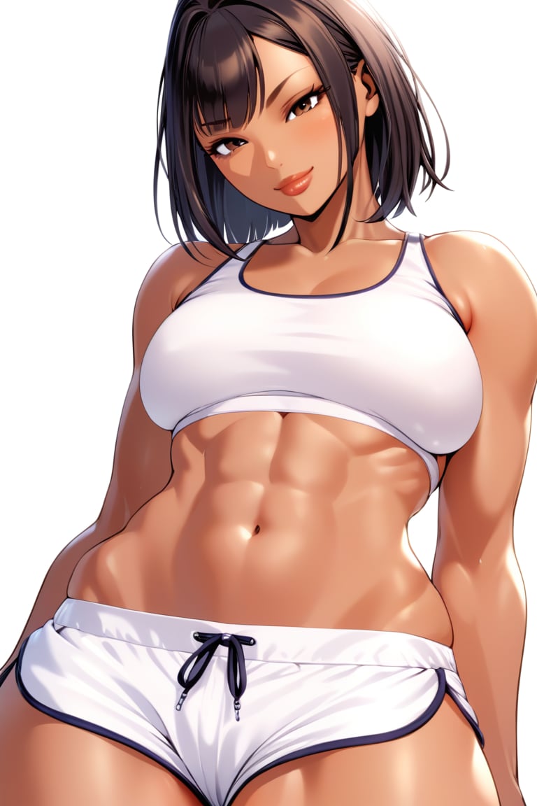 1girl, tank_top,abs,dolphin_shorts,narrow_waist,plump_lips,toned_body,slender_waist,toned_abs,solo_female,(masterpiece, best quality:1.2),looking at viewer, black_lipstick,brown_skin,brown_skin,black_hair,white_background,black_lipstick,bad_prompt_version2,smirk,hair_intakes,solo,,akira