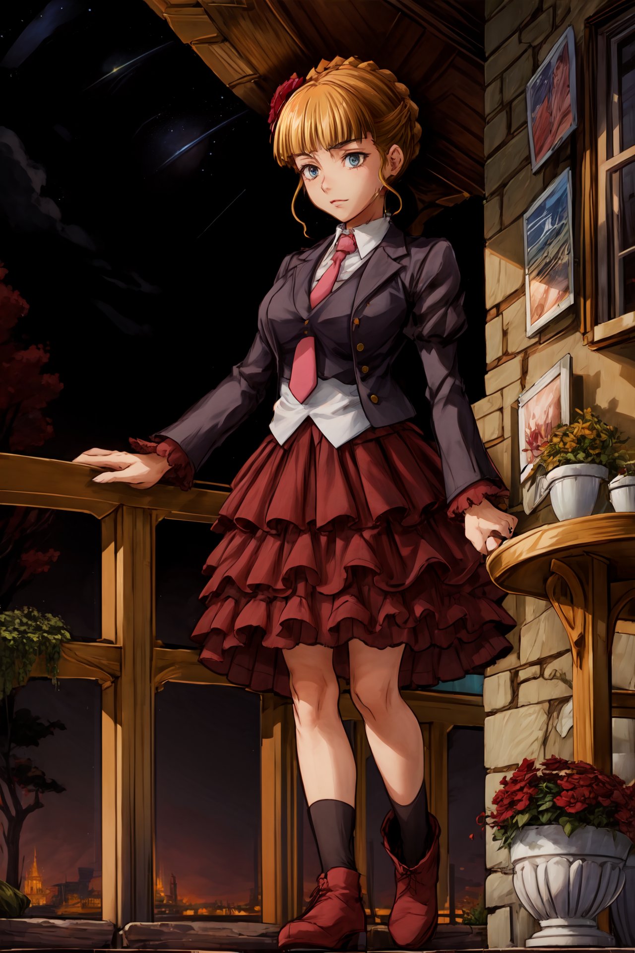 (masterpiece),(best quality),<lora:Beatrice:0.9>, beatrice,  human dress,  pink necktie, hair flower, skirt, long socks, red and black socks,   boots, on balcony, mansion, (night), looking down, garden below , island, milky way, stars, <lora:Adddetail:0.7>  