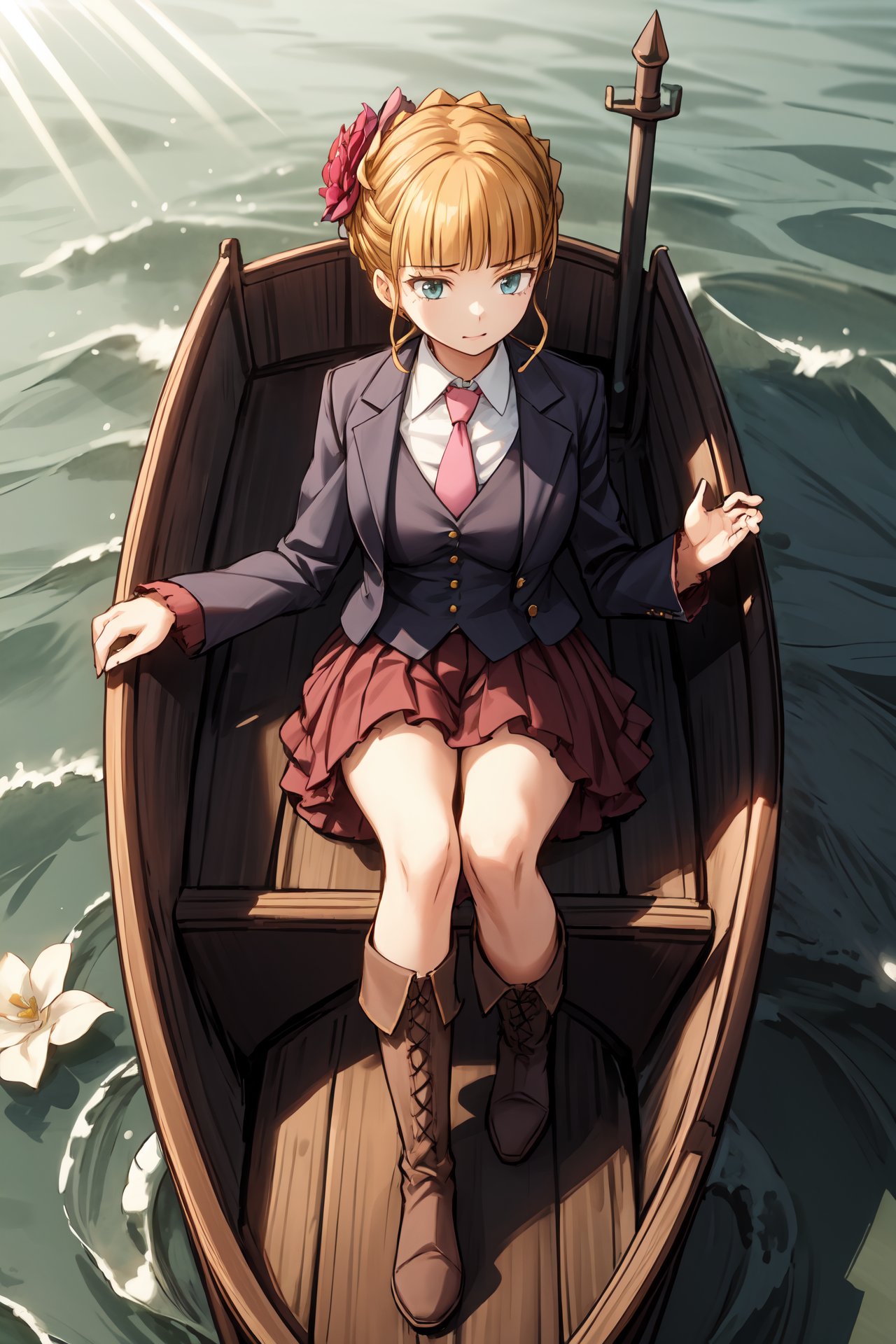 (masterpiece),(best quality),<lora:Beatrice:0.75>, beatrice, beatrice,  human dress,  pink necktie, hair flower, skirt, boots,  in a large boat, sitting, middle of a lake,  beautiful sunlight, waves,<lora:Adddetail:0.7>  