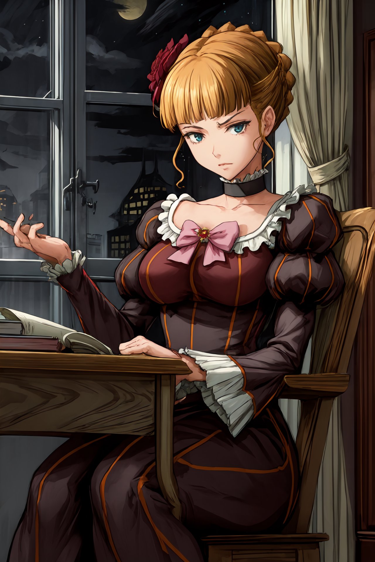 (masterpiece),(best quality),<lora:Beatrice:0.8>,beatrice,  dress, pink bow, hair flower, choker, desk room, bookshell, windows, night,  sitting, desk,   <lora:Adddetail:0.7>  