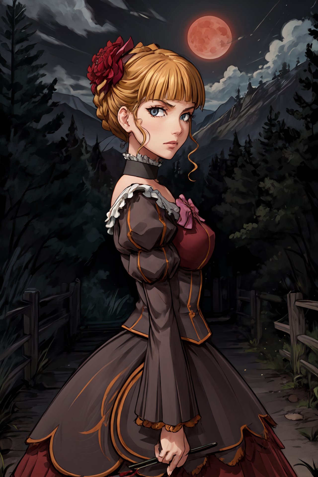 (masterpiece),(best quality),<lora:Beatrice:0.85>,beatrice,  dress, pink bow, hair flower, choker,bloodmoon, (beautiful face), (looking at the viewer), (close:1.3), fog, mist, mountains, (night), path in a dark forest, <lora:Adddetail:0.7>, best quality, (front view:1.5) 