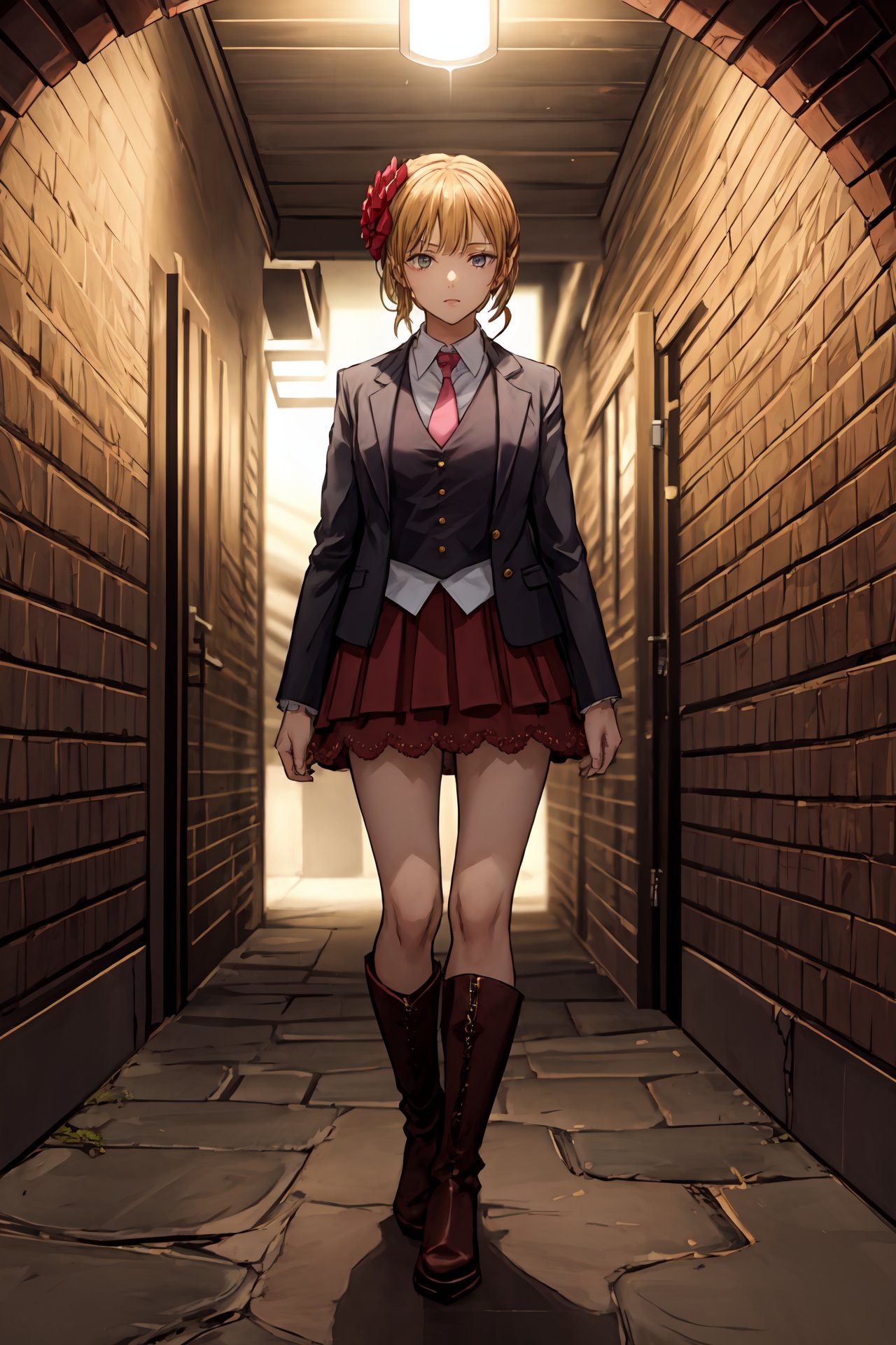 (masterpiece),(best quality),<lora:Beatrice:0.8>,human dress,  jacket, pink necktie, hair flower, skirt, boots, dark tunnel, lamp, brick walls, underground, (inside), <lora:Adddetail:0.7>, best quality