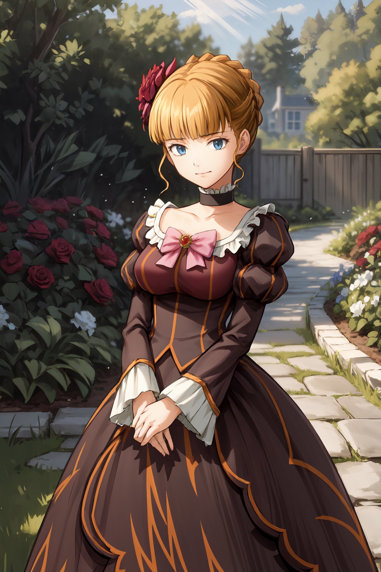 (masterpiece),(best quality),<lora:Beatrice:0.8>, beatrice,  dress, pink bow, hair flower, choker, kiseru, garden, manor, beautiful sunlight, roses,<lora:Adddetail:0.7>  