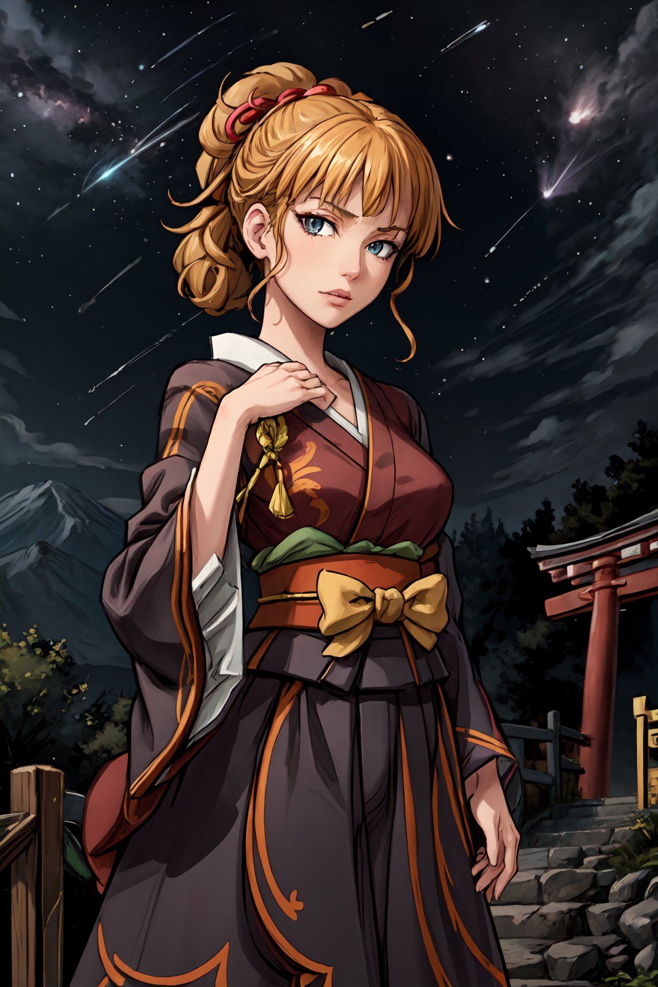 (masterpiece),(best quality),<lora:Beatrice:0.7>,kimono, hakama, ((portrait)), stairs, japanese temple, moutain, forest, Torii, ((night)), looking at the viewer, milky way,shooting star,<lora:Adddetail:0.7>