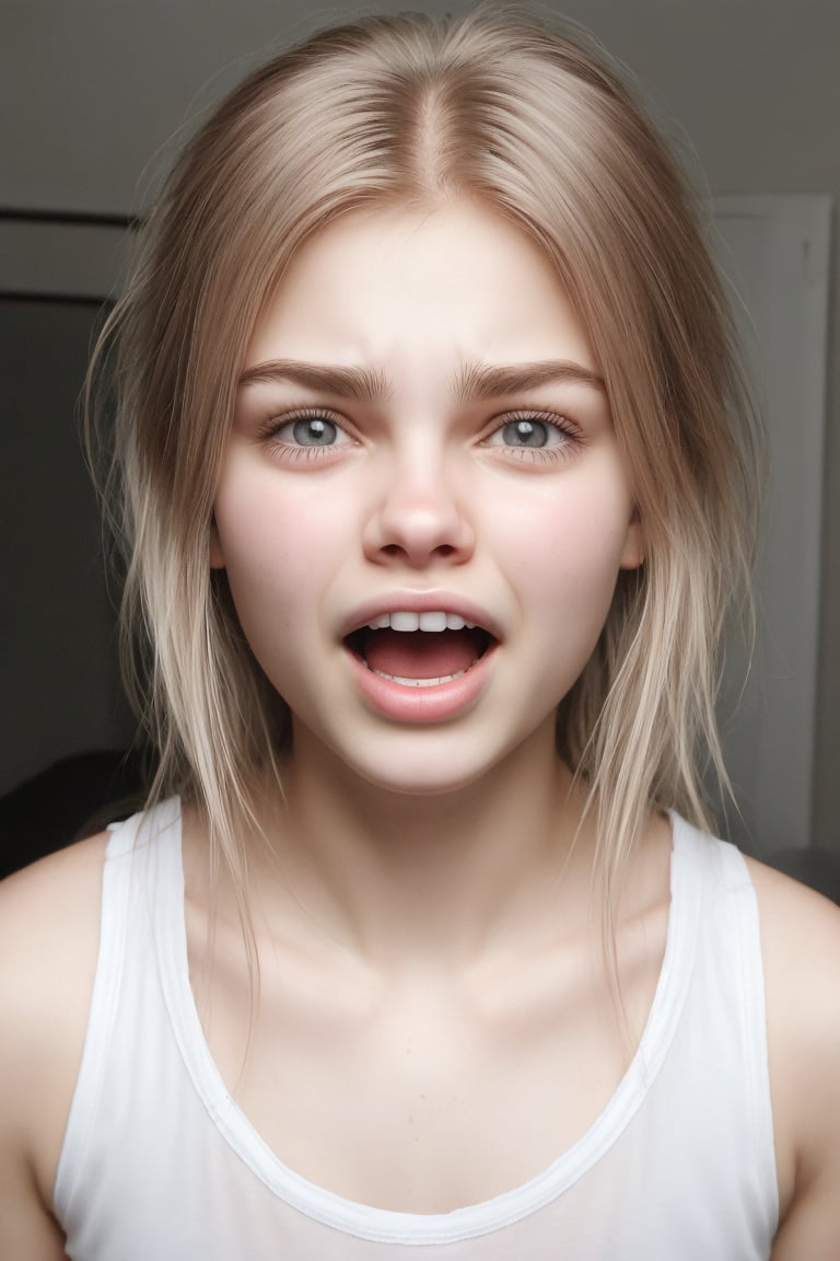 night, facial expression, scand1nav1an, 20 year old, aroused, open mouth, upper teeth only, wide open eyes, dilated pupils, orgasm, portrait, tank top, facing viewer, background dark bedroom, soft lighting