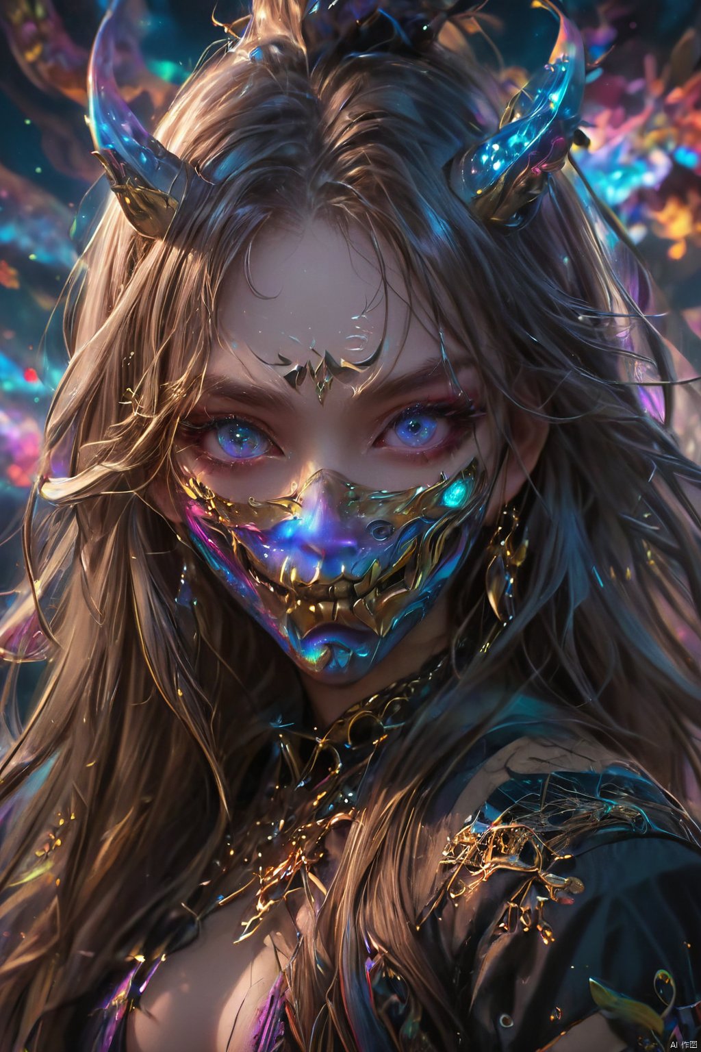  official art,beautiful and aesthetic,1girl,long hair,beautiful face,detailed eyes,colorful,jewelry,night,(realistic:1.5),extreme detailed,(fractal art:1.3),witch, half body,hologram girl, Oni mask