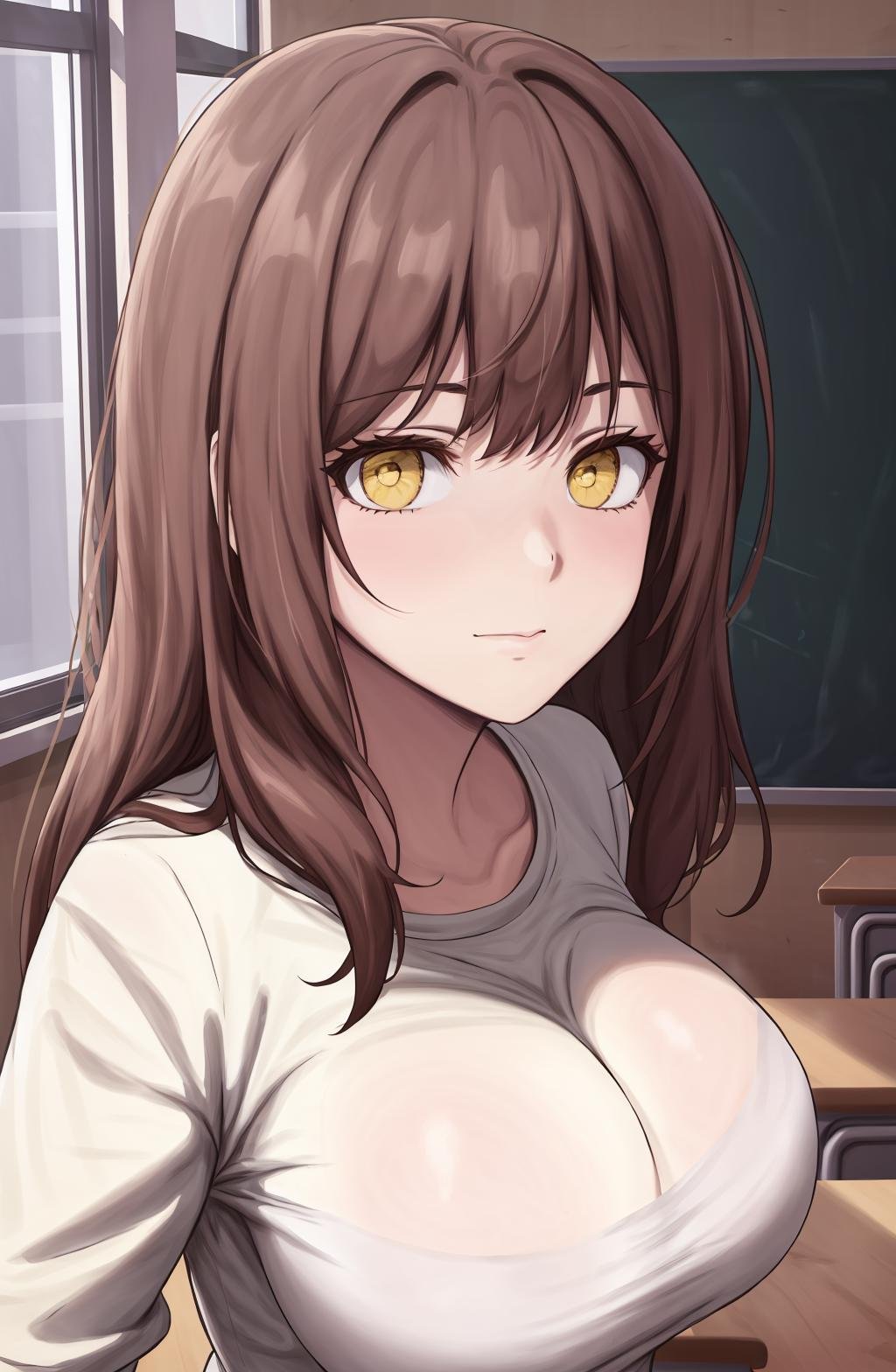 D-art Style, @18dart3, d-art, 1girl,  looking at viewer, shaking, (((portrait shot))), brown hair, yellow eyes, huge sagging breats, tshirt, indoors, classroom, <lora:D-art | 18dart3 Style-V2:0.7>