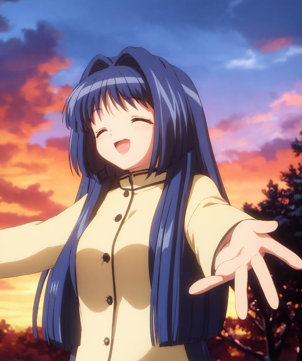 1girl, solo, long hair, smile, open mouth, long sleeves, very long hair, blue hair, closed eyes, upper body, :d, outdoors, tree, buttons, hair intakes, outstretched arms, sunset, <lora:kanon_2006-02:1>,