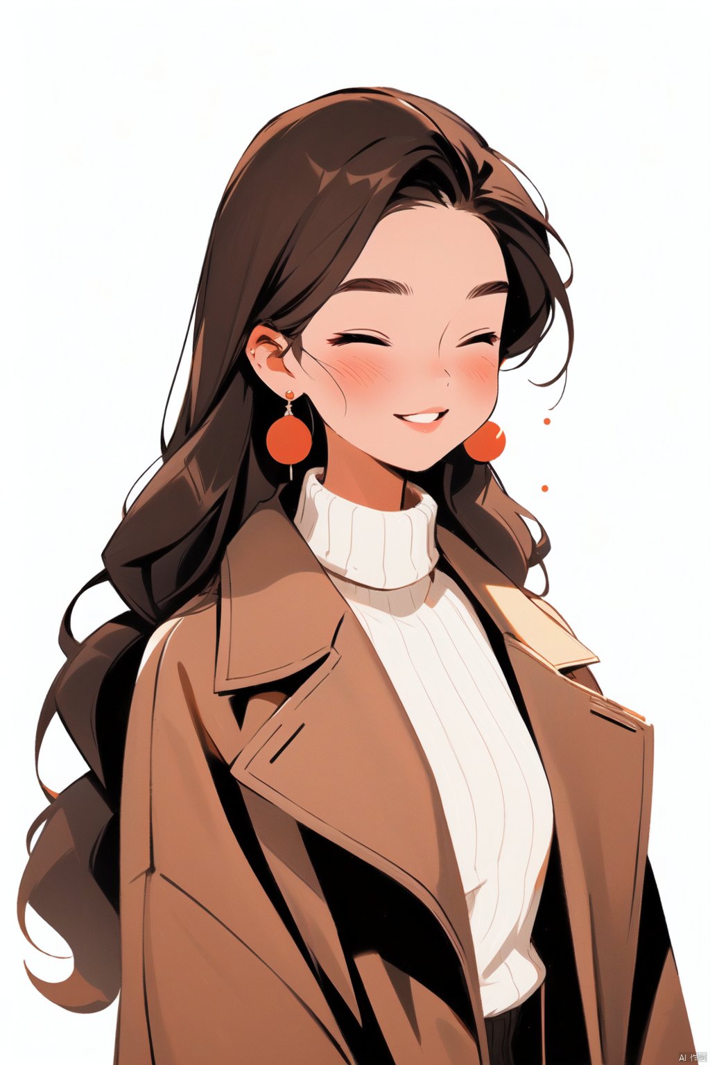 (\ji jian\), 1girl, solo, jewelry, long hair, closed eyes, earrings, smile, sweater, white background, blush, brown hair, simple background, turtleneck sweater, coat, turtleneck, ribbed sweater, brown coat, white sweater, parted lips, upper body, jacket