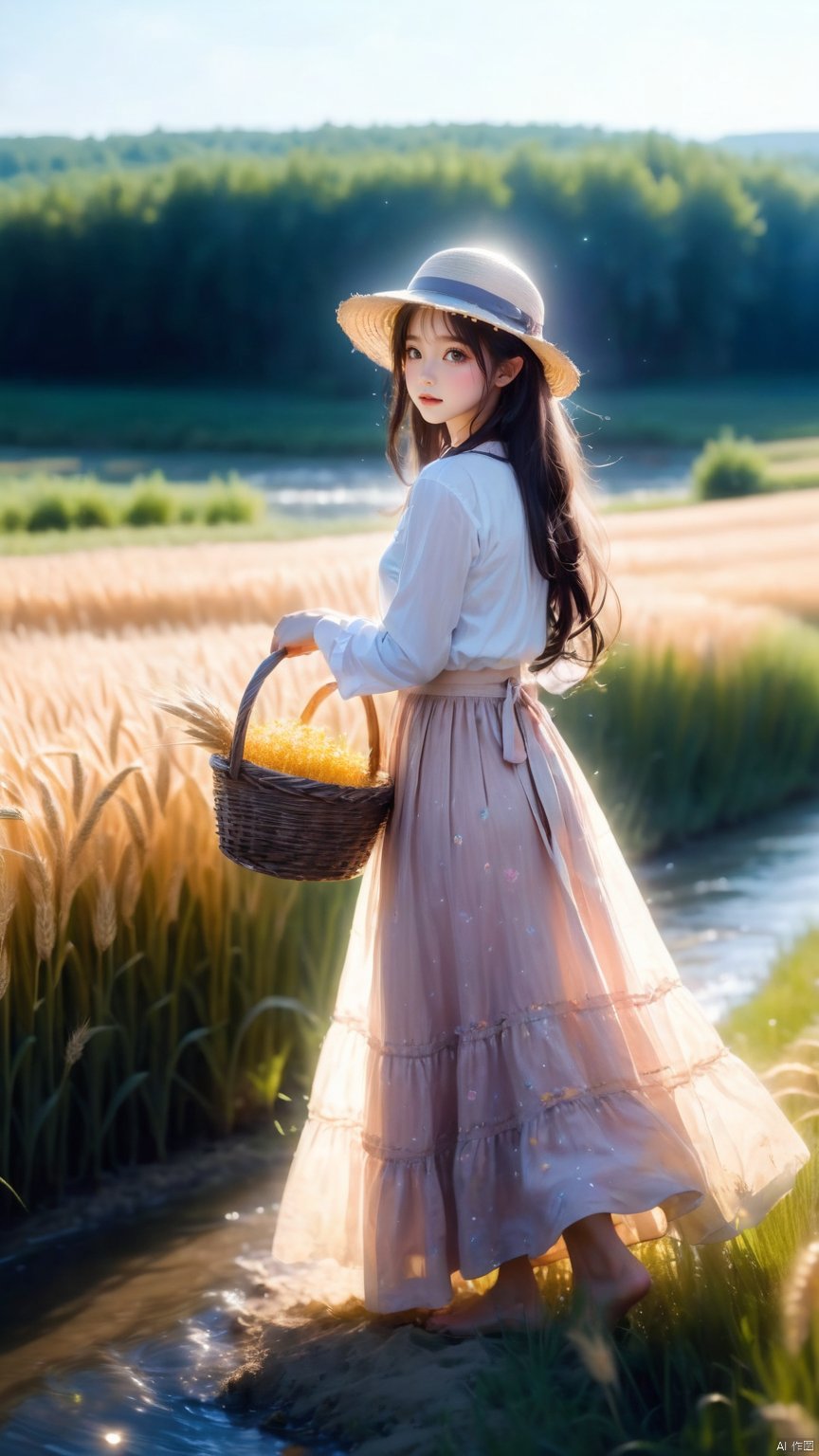 ,1girl,Long skirt, flowery skirt, lovely, little girl, straw hat, basket, long hair, black hair, bare feet, wheat field, wheat, river, glow,Optical particle,Hazy light,Optical particle,High brightness contrast, 1girl,Hazy light