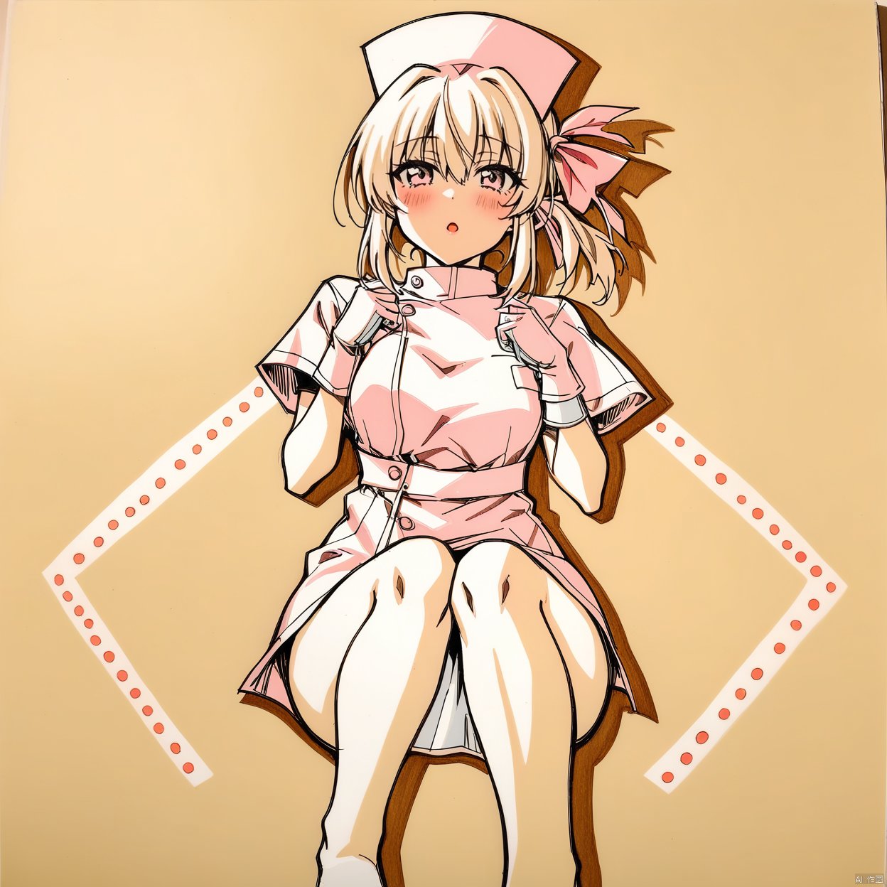 (full body), nai3, solo, artstyle,best quality,amazing quality,very aesthetic,absurdres,traditional media solo, looking at viewer,
 1girl,solo,looking at viewer,blush,open mouth,nurse cap,short sleeves,nurse,ribbon,hair ribbon,hair between eyes,
