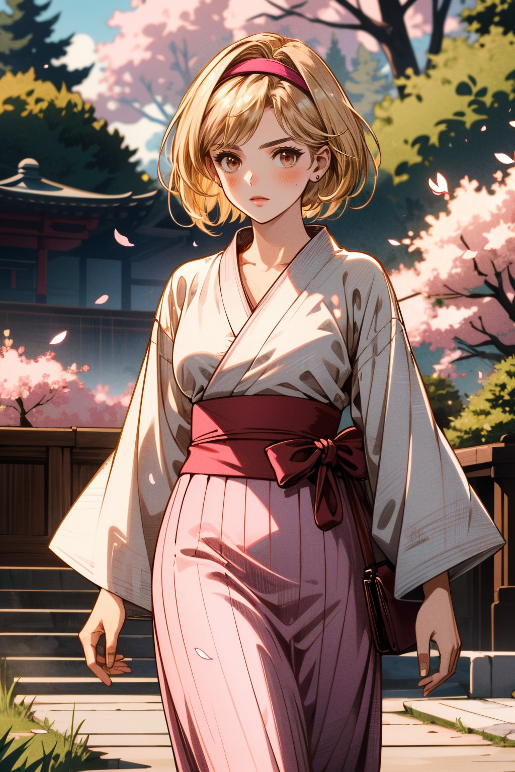 ((ultra detailed, masterpiece, absurdres)) <lora:GFGita:0.9>GFGita, 1girl, short hair, blonde hair, brown eyes, pink hairband, walking in a serene Japanese park with cherry blossoms, yukata, and a hair ornament