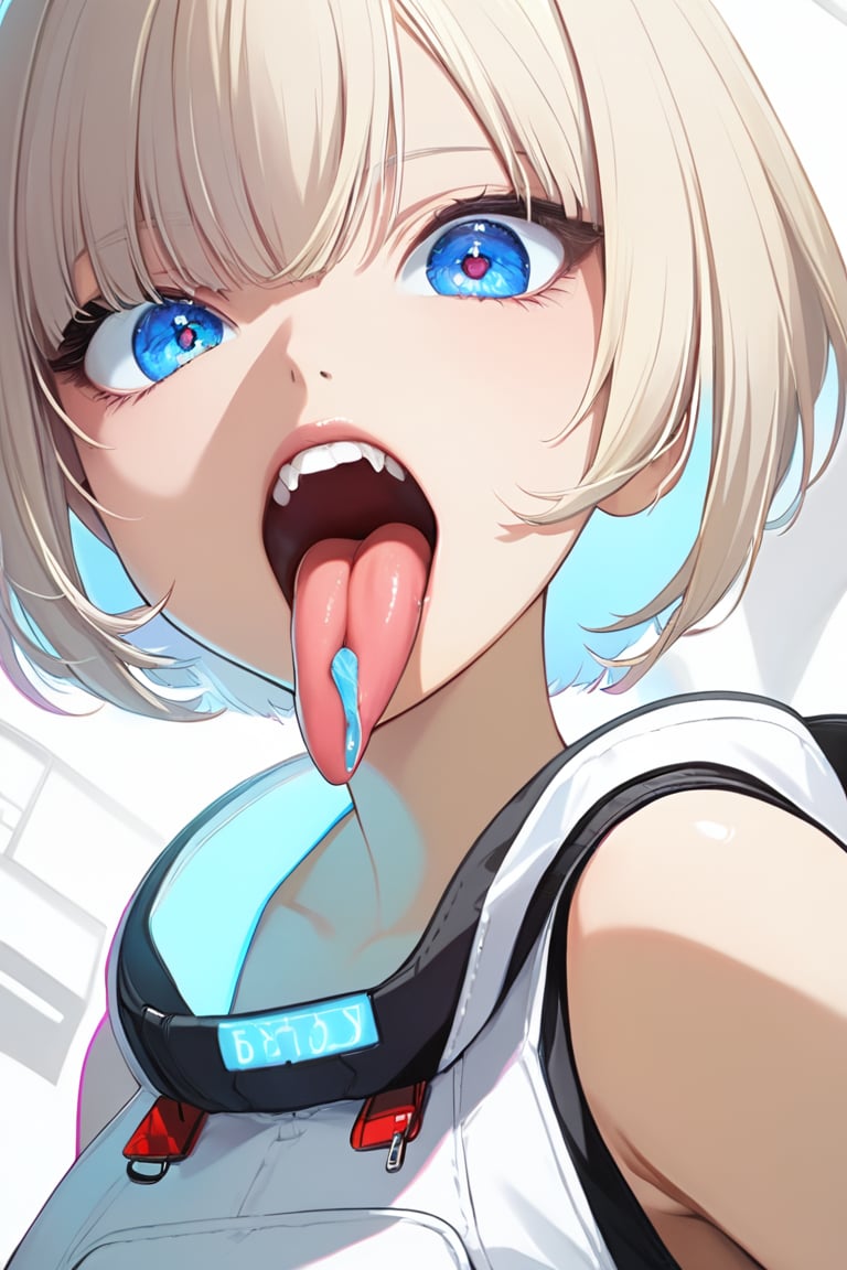 1girl, upper body, solo, short hair, light blue eyes, tongue out, tongue, teeth, (looking at viewer),
