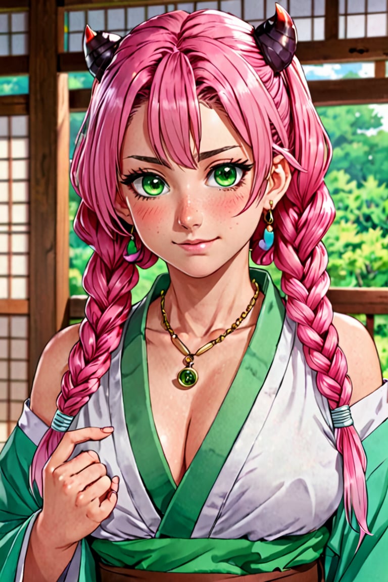 1girl,solo,long hair,breasts,looking at viewer,blush,smile,bangs,large breasts,cleavage,hair between eyes,bare shoulders,jewelry,closed mouth,green eyes,collarbone,upper body,pink hair,braid,multicolored hair,earrings,japanese clothes,green hair,belt,kimono,off shoulder,mole,twin braids,two-tone hair,lips,mole under eye,gradient hair,white belt,demon slayer uniform,kanroji mitsuri
,kanroji mitsuri