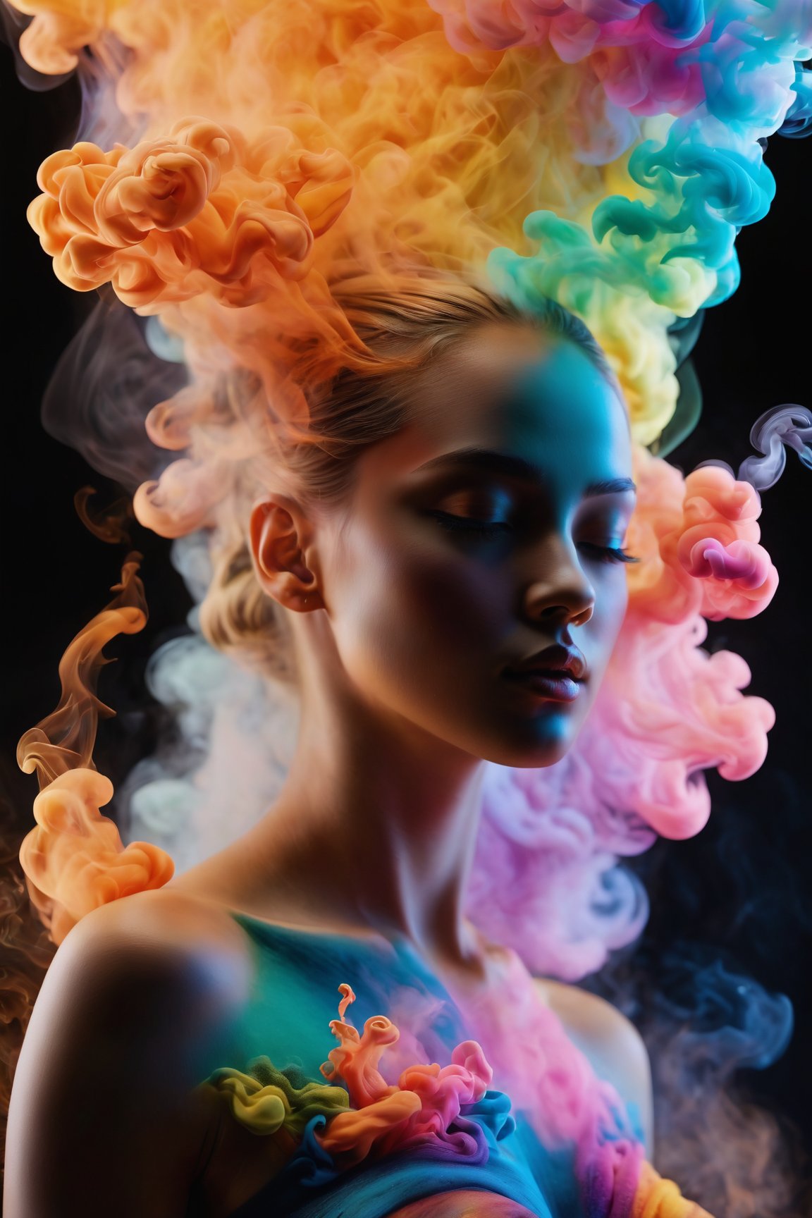 (best quality, 8K, highres, masterpiece), ultra-detailed, (portrait art, illustration), full-body zoom of a female-shaped colored sculpture made of dynamic dispersing smoke. The scene features playful body manipulations with warm and clean aesthetics, emphasizing uncommon beauty. Utilizing the rule of thirds composition, the detailed environment with strong lines enhances the overall visual impact. Vibrant and colorful smoke particles float in the air, creating a visually rich and striking figure. The well-lit scene, achieved with studio lights, maintains ultra-sharp focus and a high-speed shot aesthetic