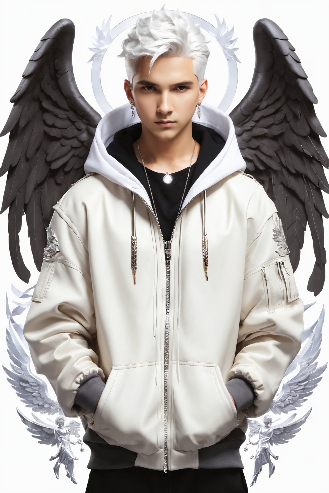 (best quality,8K,highres,masterpiece), solo,looking at viewer,short hair,simple background,1boy,white background,jewelry,jacket,monochrome,white hair,male focus,earrings,wings,hood,hoodie,halo,piercing,hood down,ear piercing,angel wings,hands in pockets,angel,mini wings