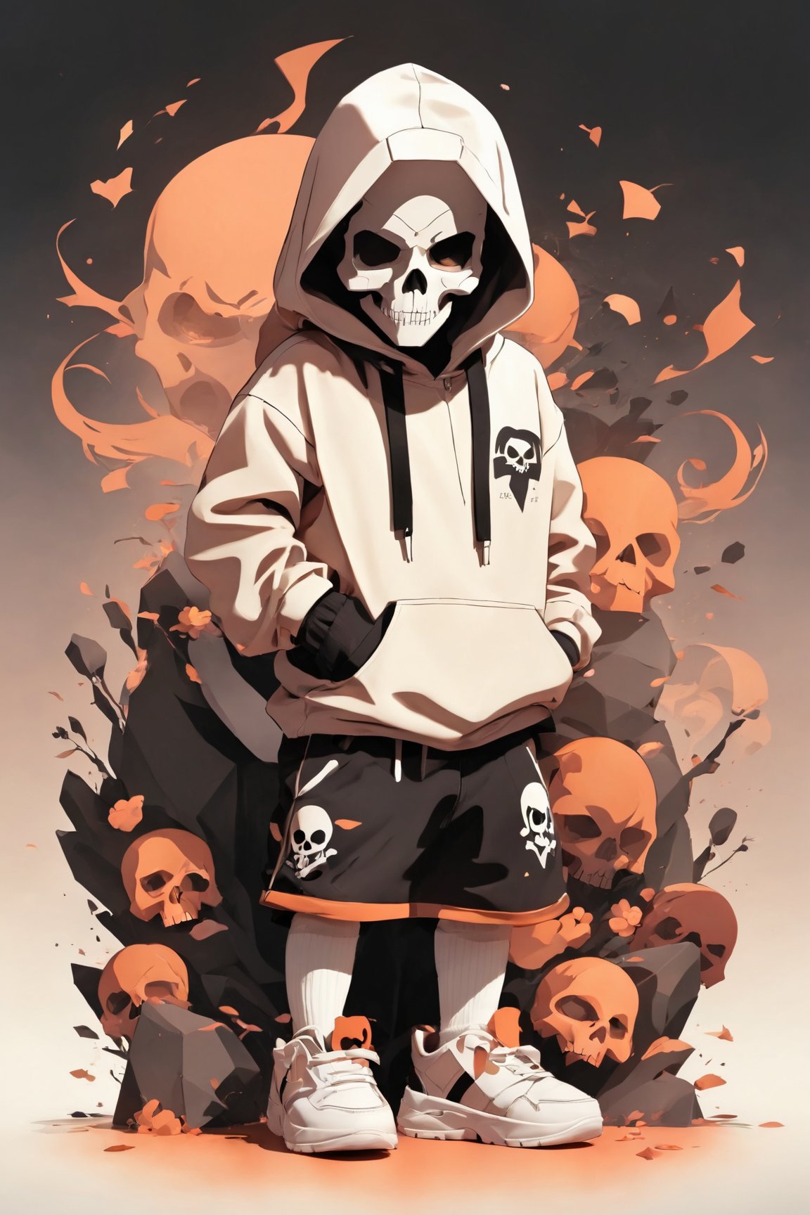 (best quality,8K,highres,masterpiece), solo,looking at viewer,blush,simple background,1boy,white background,standing,monochrome,full body,male focus,shoes,shorts,hood,hoodie,child,skull,male child