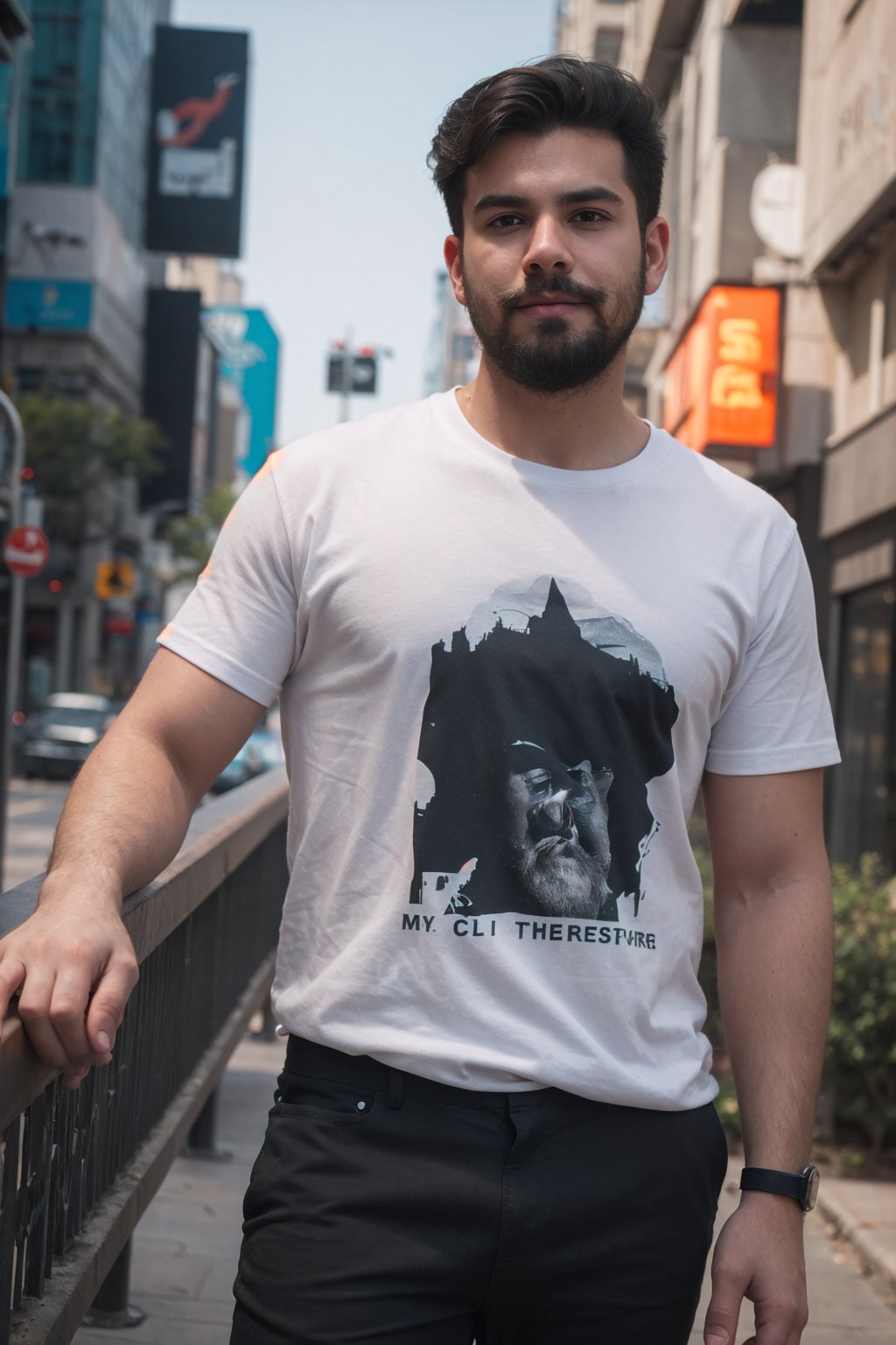 Trimmed mustache and beard solo, looking at viewer, shirt, black hair, 1boy, standing, white shirt, short sleeves, male focus,  cinematic color grading, Cyber up on the city cyberpunk city gradient background, facial hair, t-shirt, beard, white shorts, realistic, mustache,furure_urban