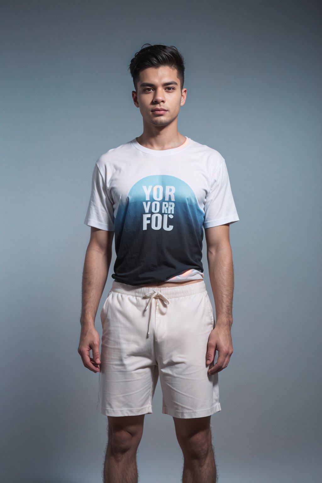 solo, looking at viewer, shirt, black hair, 1boy, standing, white shirt, short sleeves, male focus, shorts, english text, gradient background, facial hair, t-shirt,, white shorts, realistic, ,photorealistic