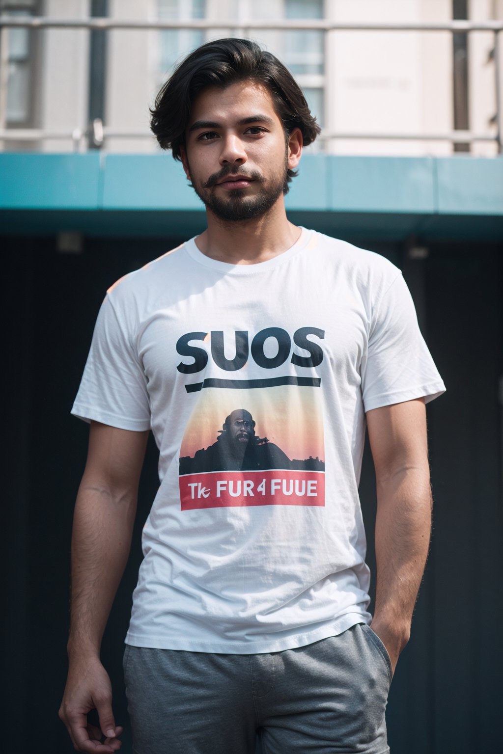 solo, looking at viewer, shirt, black hair, 1boy, standing, white shirt, short sleeves, male focus, shorts, english text, gradient background, facial hair, t-shirt, beard, white shorts, realistic, mustache,furure_urban