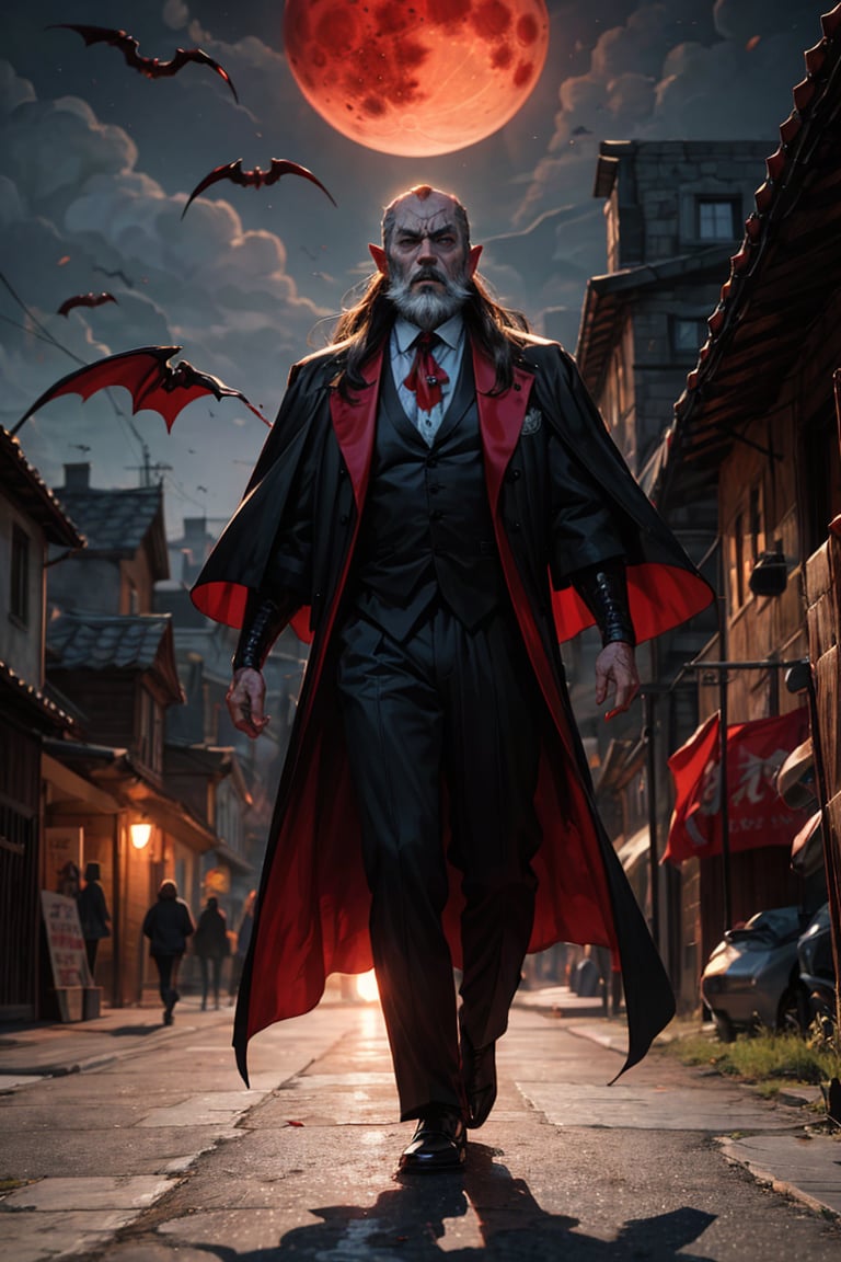 One old man , dracula , vampire face , pointy-ears , "beard long" , black hair , long_hair , scar on left eye , paleskin , big_muscle , angry face , "flesh_fang" , full_body , blood moon , walking