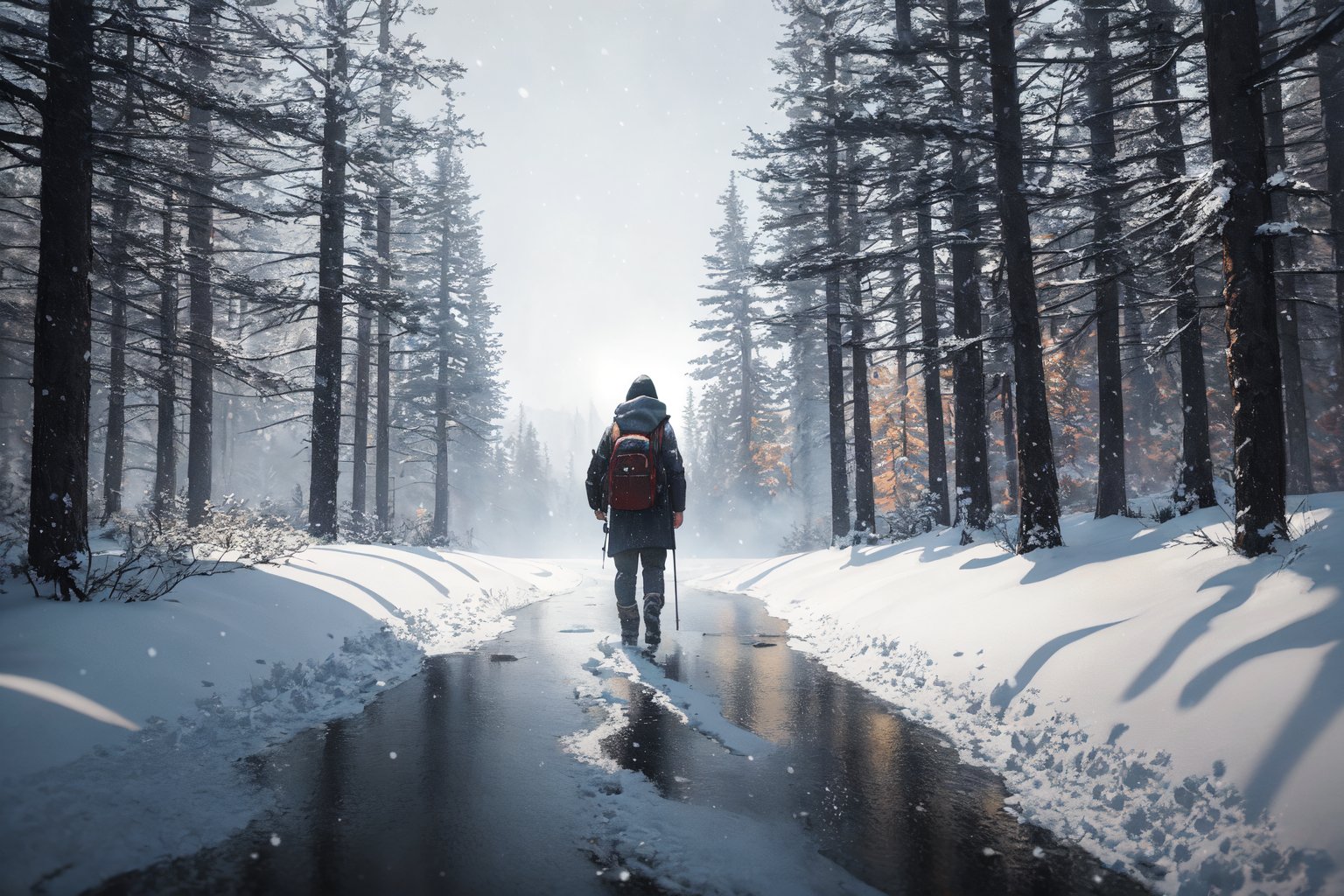 a tree is under the bright lights and water coming down from the snow, no humans, tree, scenery, snow, outdoors,snow,beautiful,winter,snow storm., (Extremely Detailed Oil Painting:1.2), glow effects, godrays, Hand drawn, render, 8k, octane render, cinema 4d, blender, dark, atmospheric 4k ultra detailed, cinematic sensual, Sharp focus, humorous illustration, big depth of field, Masterpiece, colors, 3d octane render, 4k, concept art, trending on artstation, hyperrealistic, Vivid colors, extremely detailed CG unity 8k wallpaper, trending on ArtStation, trending on CGSociety, Intricate, High Detail, dramatic