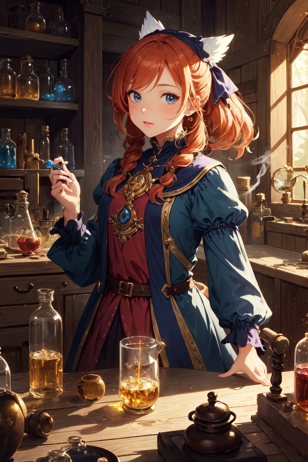 (masterpiece,best quality:1.2),Extremely detailed really cute young ginger woman potion mistress, magic, lots of colorful potions, glowy smoke, tetradic colors, bubly, detailed alchemist room, jrpg, cartoonish vector, volumetric lights, very detailed potions and alchemy laboratory scenery, colorful, dynamic, visually rich, whimsical, fairy tale,