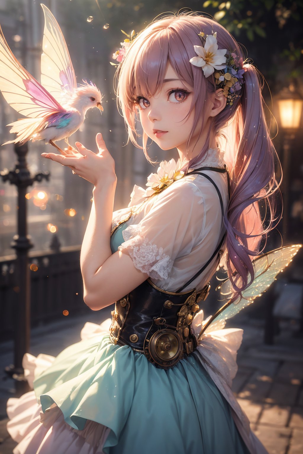 fine art masterclass splash spray trickle daubs of rainbow opaline Prisma Sakuraoil color,Steampunk celestial ethereal ghostly Fairy, HDR, ultra high-detail, centered, bokeh, lens flare, foggy dusk, bloom, light bloom, cinematic lighting, high dynamic range, depth of field, full pose,  