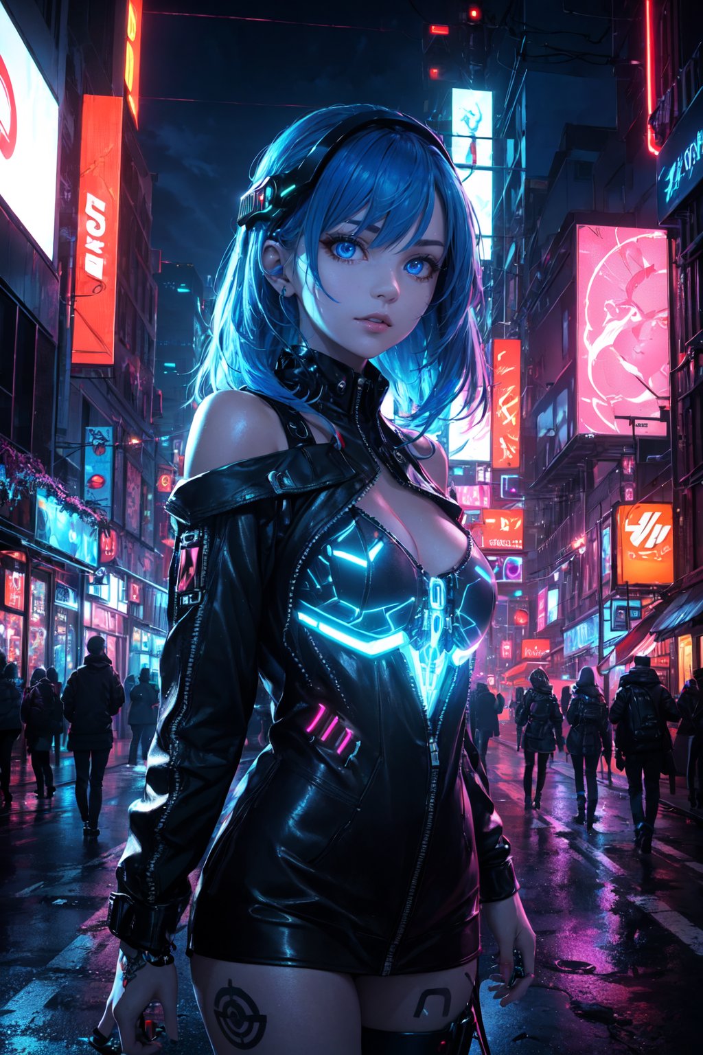 In a neon-lit, perfect body composition, futuristic cityscape, a cyber-enhanced individual, Their glowing tattoos and neon hair stand out in the vibrant, technologically advanced world. The intricately detailed cyber-eyes peer into the augmented reality interface, while the holographic display showcases their cybernetic implants. Dressed in a leather jacket, off-shoulder, adorned with high-tech accessories, they exude a sense of style and power. Reflective surfaces capture the neon reflections, and dramatic lighting enhances the sci-fi aesthetic. Their appearance is a masterpiece of futuristic fashion and cybernetic enhancements.,fate/stay background,perfect light