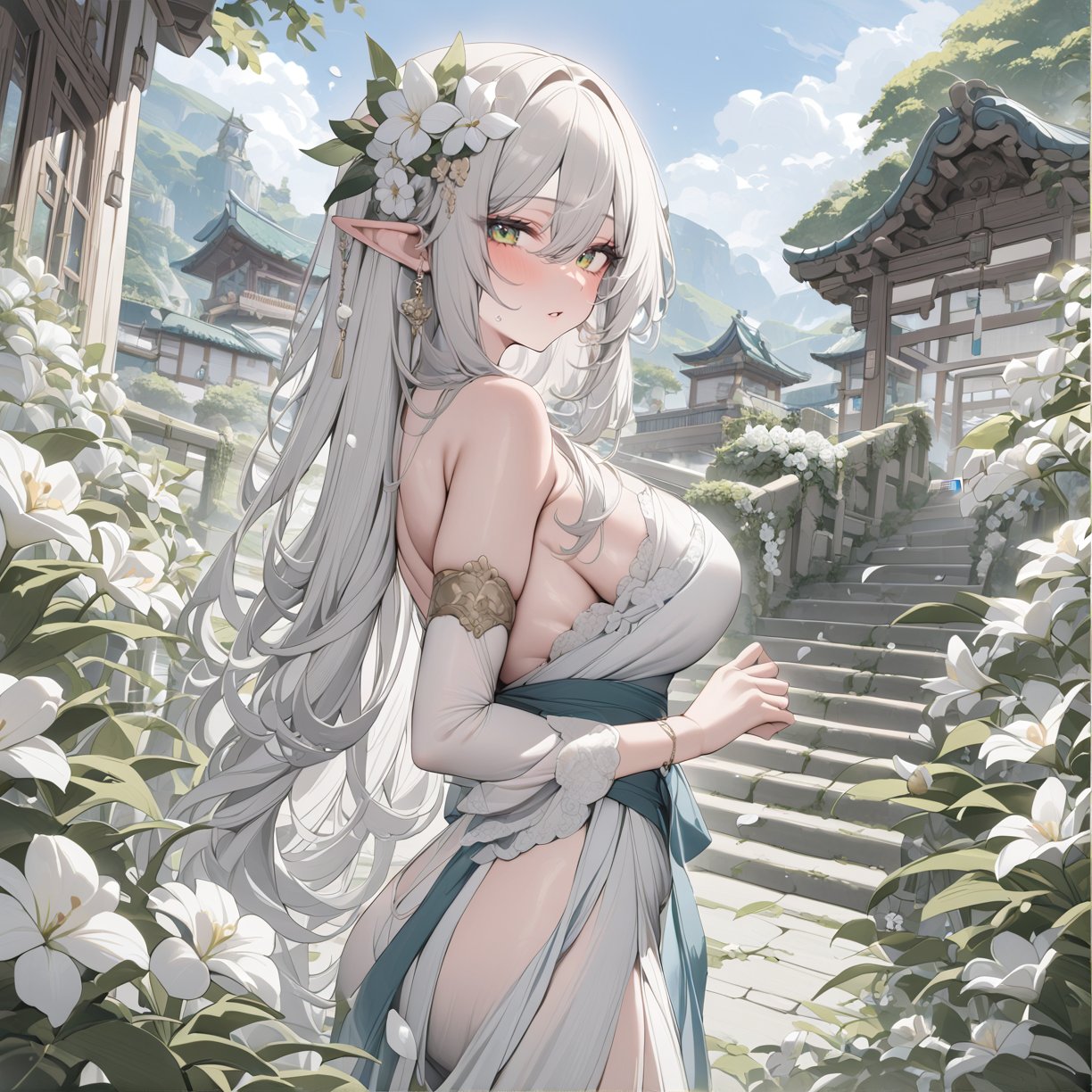 ((masterpiece, best quality, newest)), 1girl, solo, long hair, breasts, looking at viewer, blush, bangs, hair ornament, dress, hair between eyes, bare shoulders, jewelry, green eyes, standing, flower, white hair, earrings, outdoors, parted lips, detached sleeves, pointy ears, hair flower, from side, sash, petals, white flower, elf, stairs, scenary, blue sky