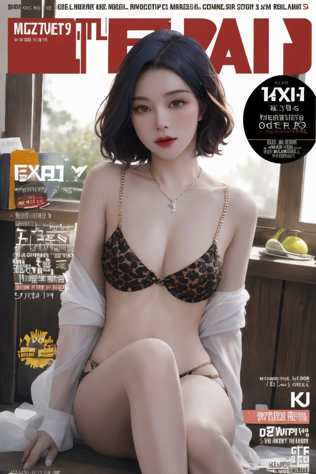 thigh up body, ((different color hair,)) short medium hair, bracelets, necklace, 1girl, looking at viewer, styled clothes, ultra detailed, best quality, sharp focus, natural lighting, (( magazine cover,)) haohaoulz, magazine cover, less text on cover,haohaoulz