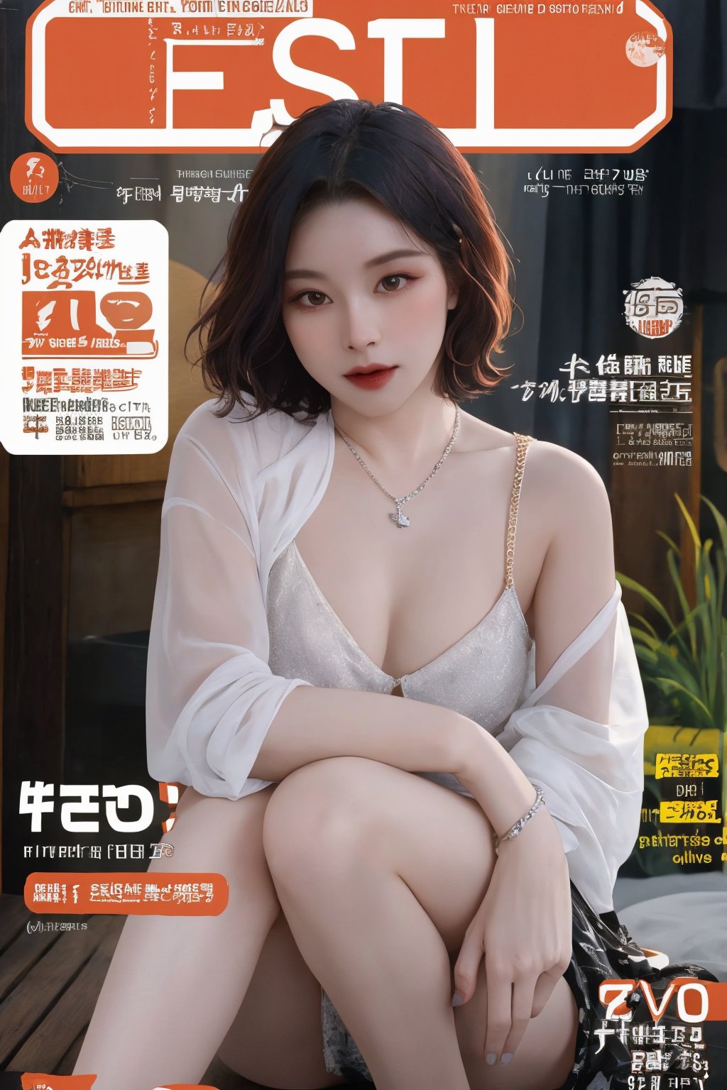 thigh up body, ((different color hair,)) short medium hair, bracelets, necklace, 1girl, looking at viewer, styled clothes, ultra detailed, best quality, sharp focus, natural lighting, (( magazine cover,)) haohaoulz, magazine cover, less text on cover,haohaoulz