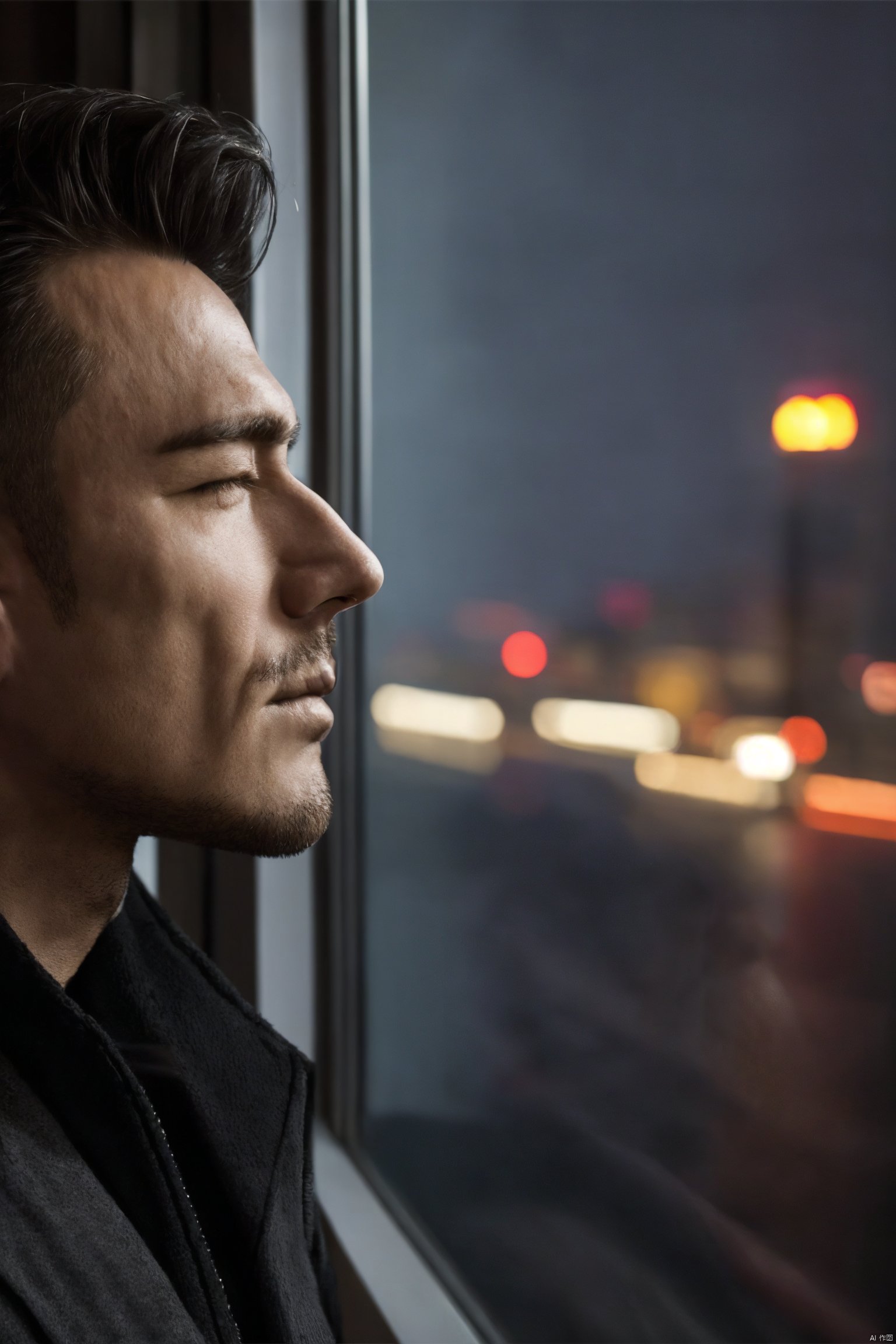 jzns,hbing,1man,fashion model,male focus,asian,mature,40 y.o,exquisite facial features,handsome,fashion forward, his eyes closed,the city lights flicker in the window behind him,his face is serene, a contrast to the bustling world outside,The scene captures a moment of personal tranquility amidst the urban chaos,(close up),dark lighting,cyberpunk,