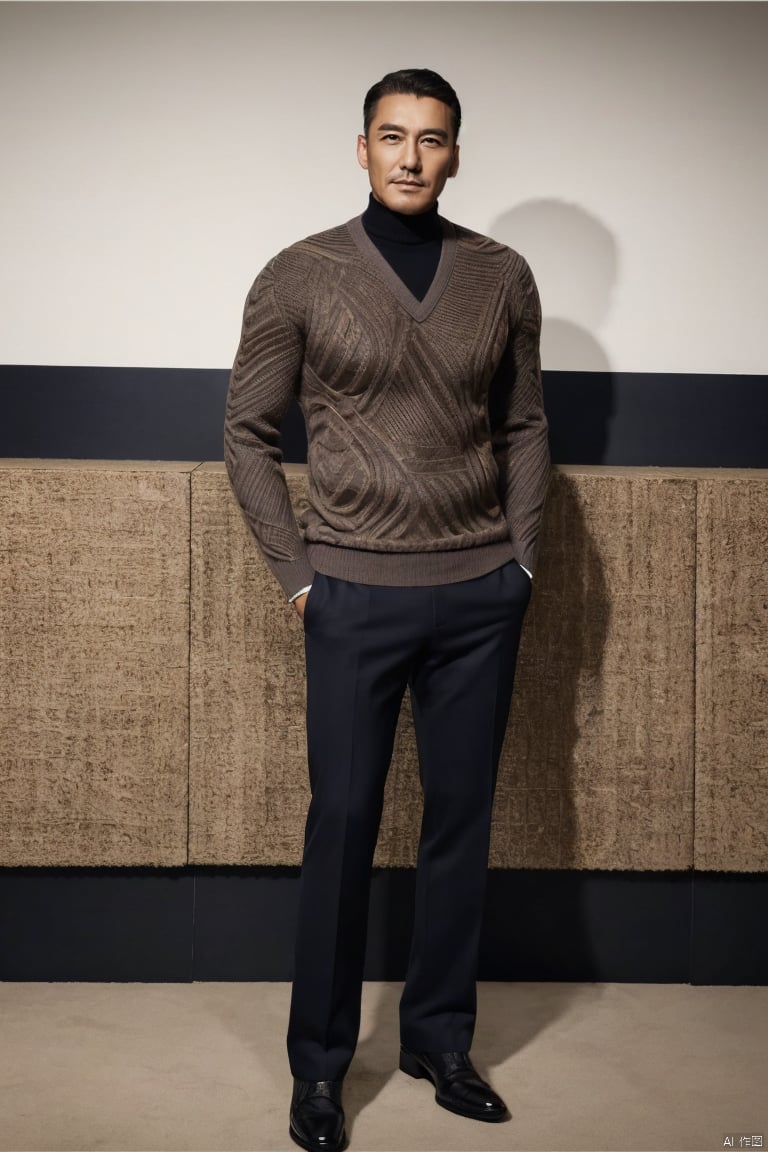  jzns,hbing,1man,fashion model,male focus,asian,mature,40 y.o,exquisite facial features,handsome,fashion forward,standing,sweater,pants,footwear,(full shot),masterpiece,realistic,best quality,highly detailed,hbing, jzns