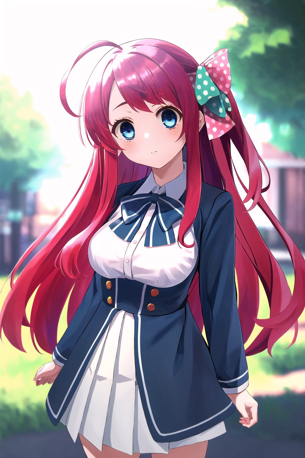 masterpiece, best quality, high resolution, 1 girl, outside, park, sakura minamoto (blue eyes, long hair, red hair, one side up, hair bow, green bow, red bow, ahoge, polka dot bow, bow tie, school uniform), looking at viewer, anime style