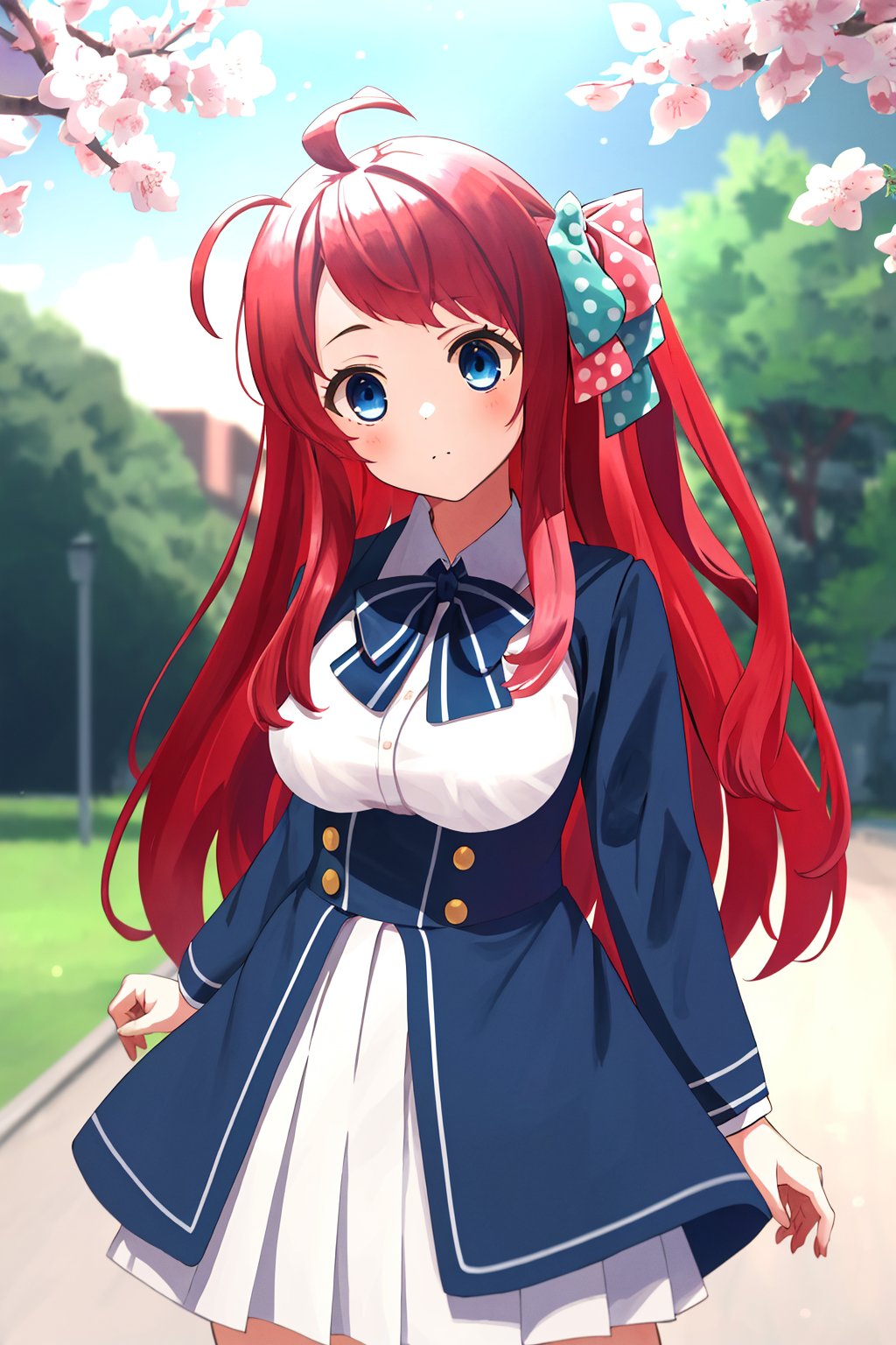 masterpiece, best quality, high resolution, 1 girl, outside, park, sakura minamoto (blue eyes, long hair, red hair, one side up, hair bow, green bow, red bow, ahoge, polka dot bow, bow tie, school uniform), looking at viewer, anime style