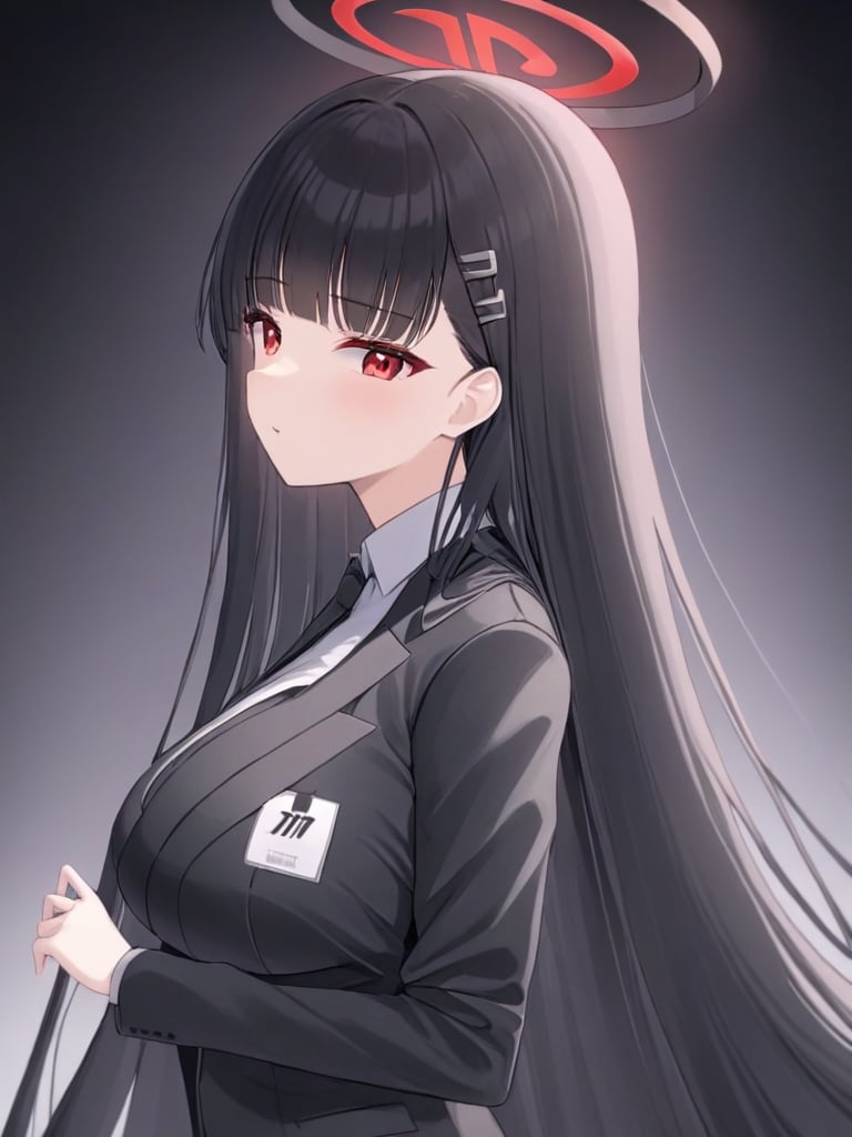 1girl,halo,black_hair,solo,red_eyes,long_hair,breasts,hair_ornament,bangs,very_long_hair,hairclip,blunt_bangs,black_suit,