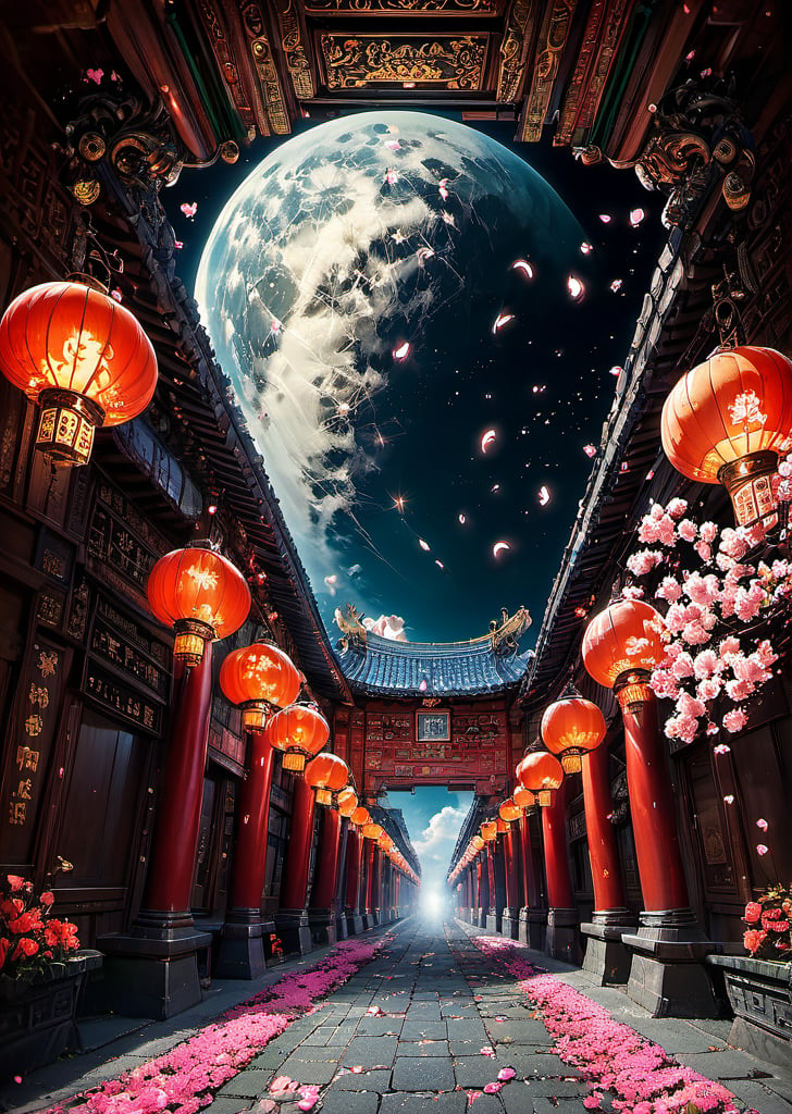 landscape, gate, lanterns, Peach blossom petals fly everywhere, moon, rim lighting, vibrant details, hyper-realistic, super detailed, super realistic, super fine detail depiction, high resolution, abstract beauty, stand, approaching perfection, pure form, intricate details, 8k post production, high resolution, hyperdetailed, trending on artstation, sharp focus, intricate details, highly detailed, (cinematic, cinematic lightings, cinematic film color, perfect hand), high detail, high detail skin, real skin, 8k, high_resolution, high quality, (Flowers fall at doo, falling meteor, High detailed, Color magic mythical clouds, steam wind, High detailed ,Color magic, Saturated colors, Color saturation ,