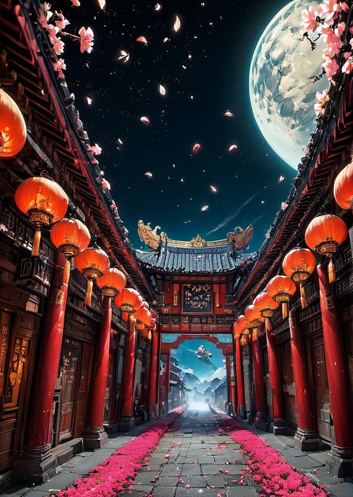 landscape, gate, lanterns, Peach blossom petals fly everywhere, moon, rim lighting, vibrant details, hyper-realistic, super detailed, super realistic, super fine detail depiction, high resolution, abstract beauty, stand, approaching perfection, pure form, intricate details, 8k post production, high resolution, hyperdetailed, trending on artstation, sharp focus, intricate details, highly detailed, (cinematic, cinematic lightings, cinematic film color, perfect hand), high detail, high detail skin, real skin, 8k, high_resolution, high quality, (Flowers fall at doo, falling meteor, High detailed, Color magic mythical clouds, steam wind, High detailed ,Color magic, Saturated colors, Color saturation ,