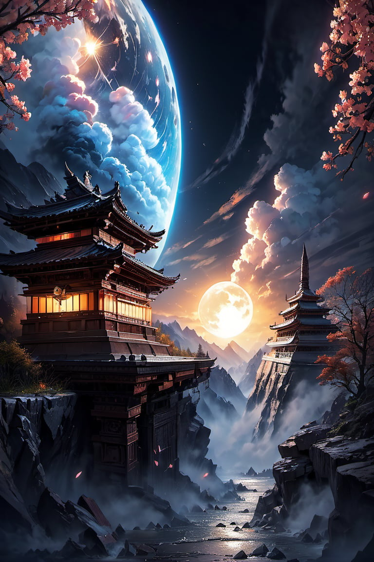 High altitude mountain river and cloud landscape backgroud, temple ,windy, night lights, fog,mortals cultivate immortals, masterpiece, best quality, beautiful and perfect face, random color dress, action move, torn clothes ,super detailed, super realistic,super fine detail depiction, high resolution, abstract beauty, stand, approaching perfection, pure form, unfinished, intricate details, 8k post production, high resolution, hyperdetailed, trending on artstation, sharp focus, intricate details, highly detailed, cinematic, cinematic lightings, cinematic film color, perfect hand, high detail, high detail skin, real skin, 8k, high_resolution, high quality